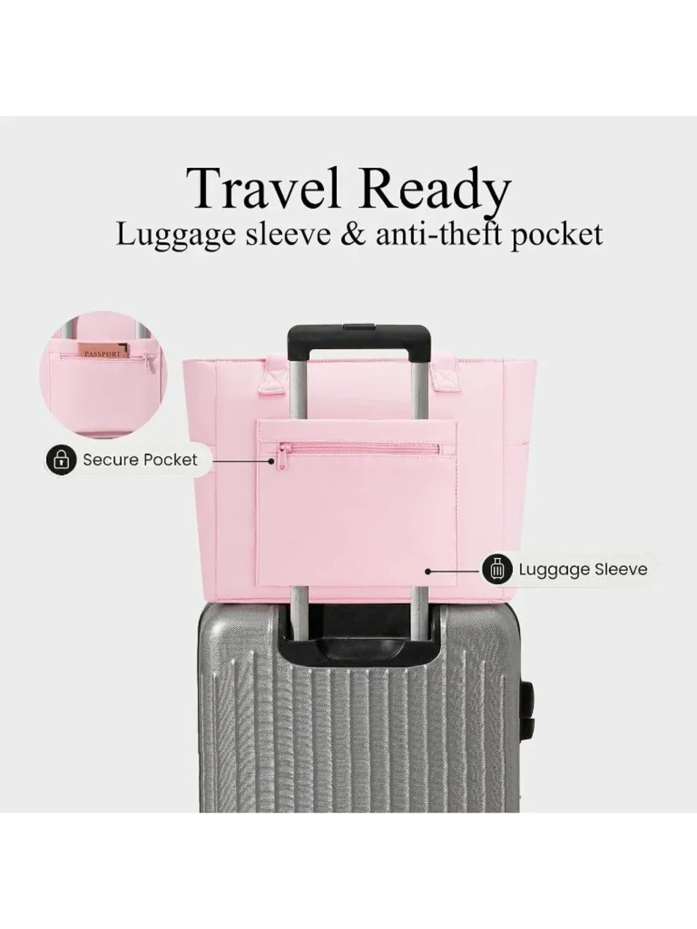 👜Women's Pink Nylon Large Tote Bag With Zipper 15.6 Laptop Sleeve Work Bag